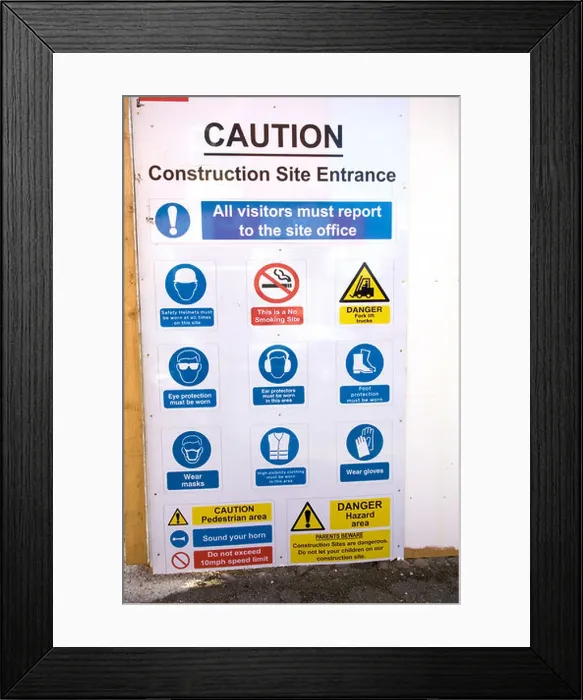 Framed Print : Construction site health and safety instructions signs Framed Print : Construction site health and safety instructions signs
