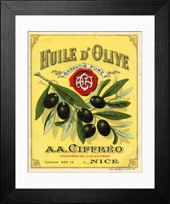 Framed Print : Olive oil, label: Huile d Olive, by A.A. Ciffrêo, Nice, (label) Framed Print : Olive oil, label: Huile d Olive, by A.A. Ciffrêo, Nice, (label)