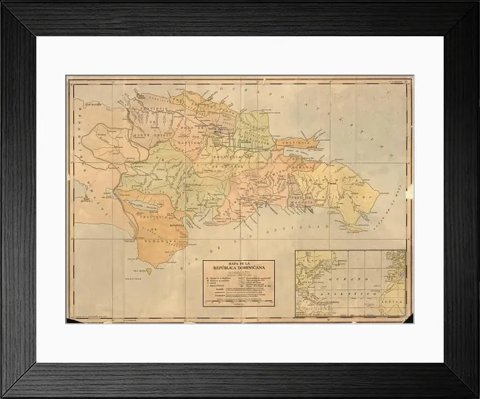 Framed Print : Vintage color map of the Dominican Republic on the island of Hispaniola Framed Print : Vintage color map of the Dominican Republic on the island of Hispaniola