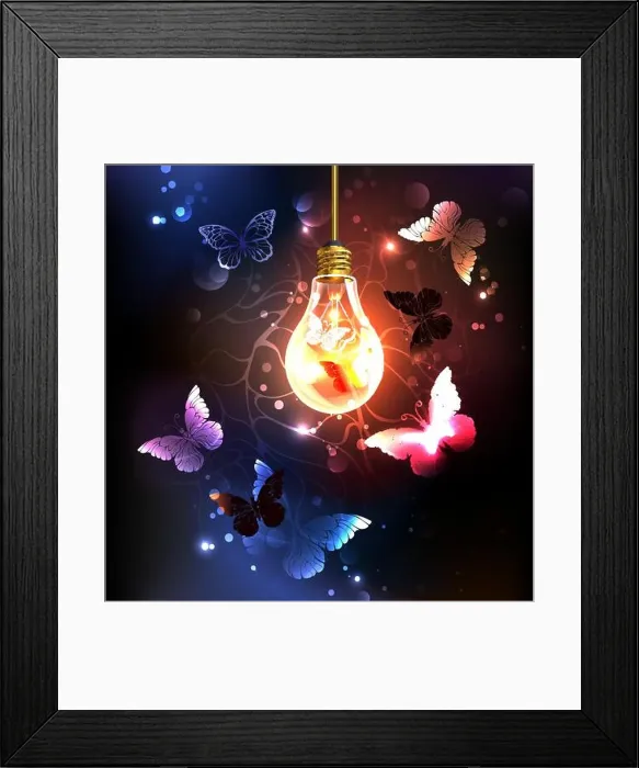 Framed Print : Glass bulb with night butterflies on a dark luminous background. Night butterflies. Design with butterflies Framed Print : Glass bulb with night butterflies on a dark luminous background. Night butterflies. Design with butterflies
