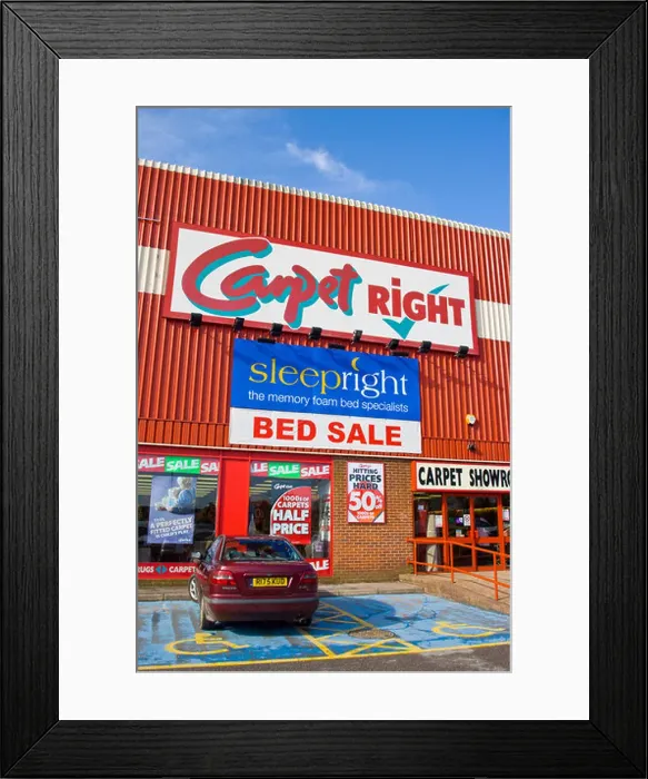 Framed Print : Front Of A Carpet Right Store With Sale Signs Framed Print : Front Of A Carpet Right Store With Sale Signs
