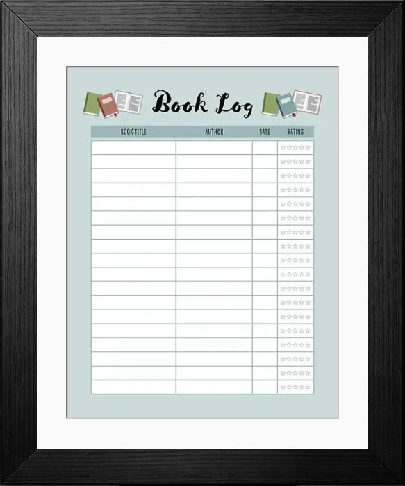 Framed Print : Book log printable page. Template for listing and reviewing books Framed Print : Book log printable page. Template for listing and reviewing books