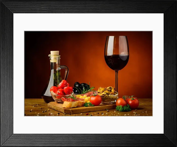 Framed Print : still life with traditional tapas snack and glass of red wine Framed Print : still life with traditional tapas snack and glass of red wine