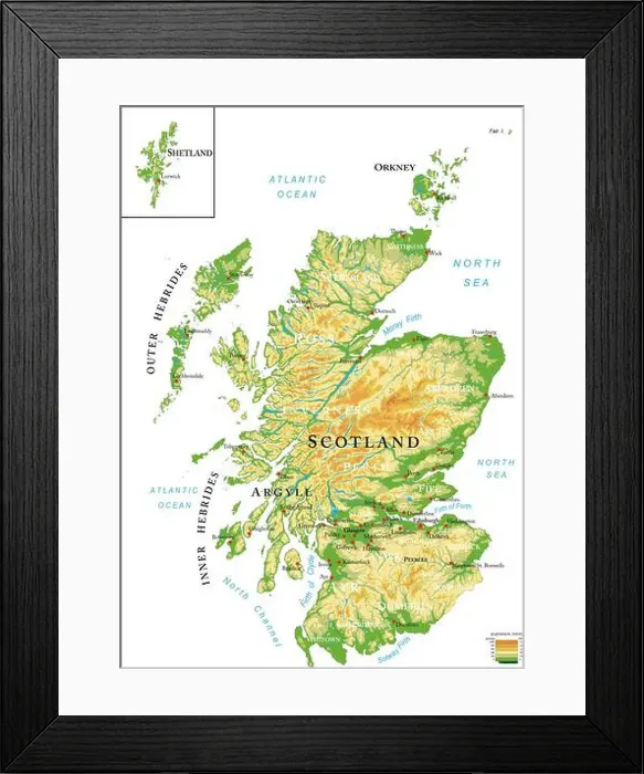 Framed Print : Highly detailed physical map of Scotland, in vector format, with all the relief forms, regions and big cities
