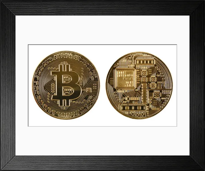 Framed Print : Golden bitcoin isolated on white background Framed Print : Golden bitcoin isolated on white background