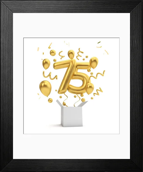 Framed Print : Happy 75th birthday gold surprise balloon and box. 3D Rendering Framed Print : Happy 75th birthday gold surprise balloon and box. 3D Rendering