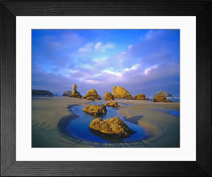 Framed Print : Rugged rock formations along the shoreline with tide pools at Bandon State Natural Area on the Oregon coast; Bandon Framed Print : Rugged rock formations along the shoreline with tide pools at Bandon State Natural Area on the Oregon coast; Bandon