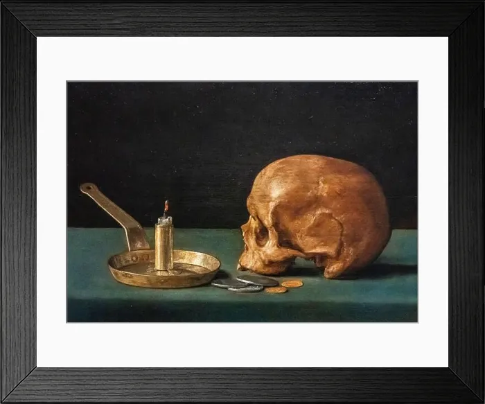 Framed Print : Still Life with Skull, Candlestick and Coins, Johann Stumm, oil on panel, 1645, Amsterdam, Netherlands Framed Print : Still Life with Skull, Candlestick and Coins, Johann Stumm, oil on panel, 1645, Amsterdam, Netherlands