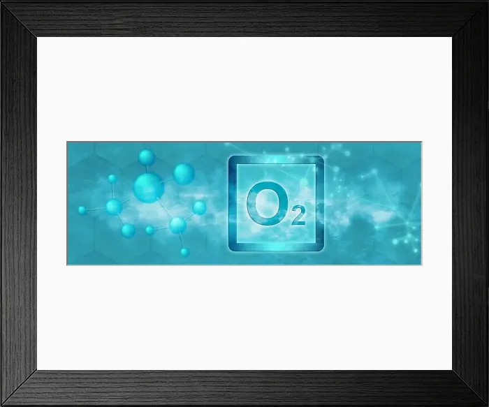 Framed Print : O2 symbol. oxygen molecule with molecule and network on blue background Framed Print : O2 symbol. oxygen molecule with molecule and network on blue background