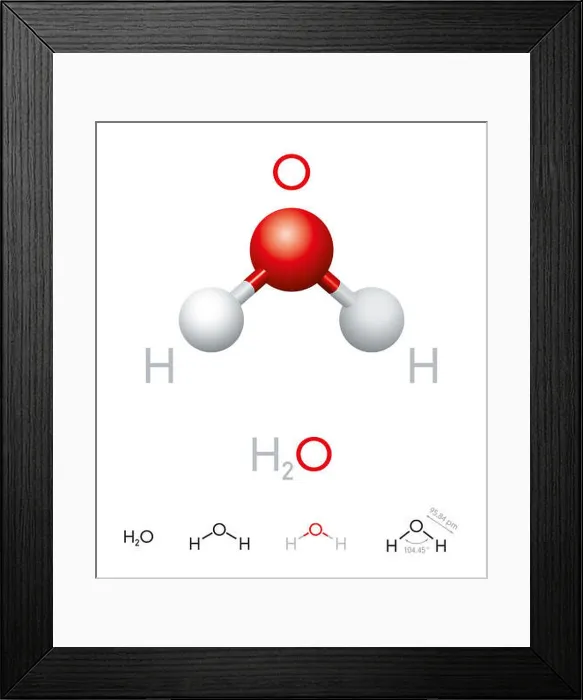 Framed Print : H2O. Water molecule model, chemical formula Framed Print : H2O. Water molecule model, chemical formula