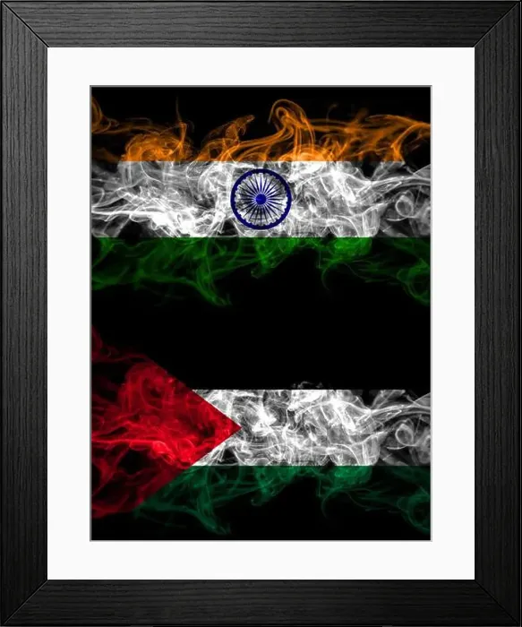 Framed Print : India, Indian vs Palestine, Palestinian smoky mystic flags placed side by side Framed Print : India, Indian vs Palestine, Palestinian smoky mystic flags placed side by side