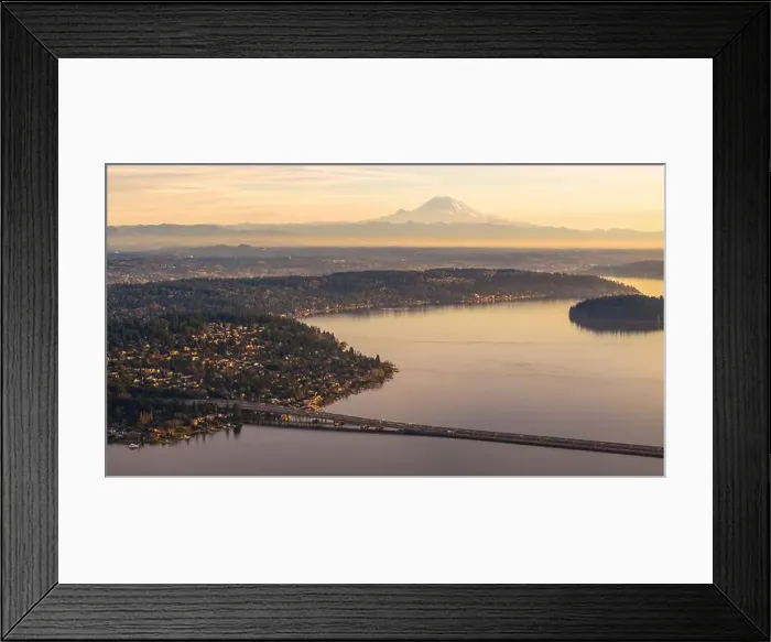 Framed Print : Aerial Mercer Island Bridge Lake Washington and Mount Rainier Beyond Framed Print : Aerial Mercer Island Bridge Lake Washington and Mount Rainier Beyond