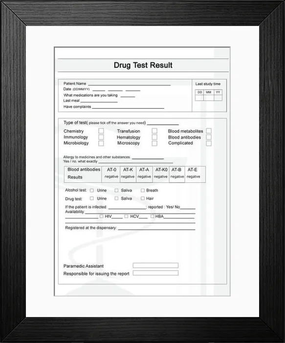 Framed Print : Modern drug test form with results. Illustration Framed Print : Modern drug test form with results. Illustration