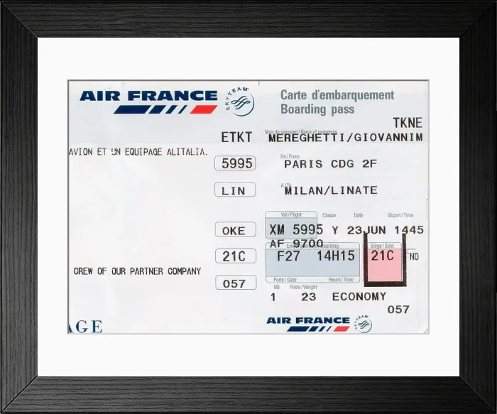 Framed Print : Boarding Pass. Fly From Paris to Milan. Air France Framed Print : Boarding Pass. Fly From Paris to Milan. Air France