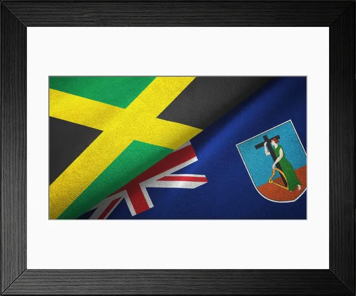 Framed Print : Jamaica and Montserrat two flags textile cloth, fabric texture Framed Print : Jamaica and Montserrat two flags textile cloth, fabric texture