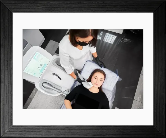 Framed Print : Top view of cosmetologist in medical mask using Ultraformer device while performing face lifting procedure