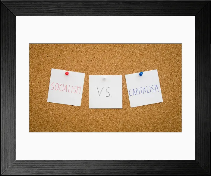 Framed Print : Debate between socialism and capitalism regarding national politics suggested by [inned notes on a board concept Framed Print : Debate between socialism and capitalism regarding national politics suggested by [inned notes on a board concept