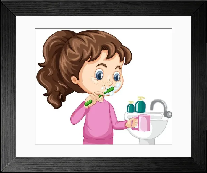 Framed Print : A girl cartoon character brushing teeth with water sink illustration Framed Print : A girl cartoon character brushing teeth with water sink illustration