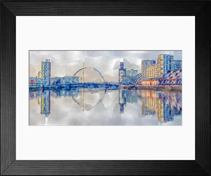 Framed Print : Watercolour painting of the Clyde Arc road bridge spanning the River Clyde in Glasgow, Scotland