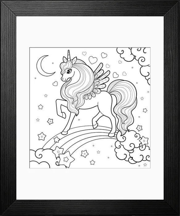 Framed Print : Beautiful unicorn on the rainbow. Black and white drawing for coloring. Vector Framed Print : Beautiful unicorn on the rainbow. Black and white drawing for coloring. Vector