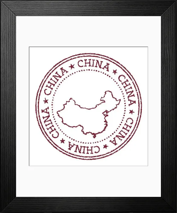 Framed Print : China round rubber stamp with country map. Vintage red passport stamp with circular text and stars, vector illustration Framed Print : China round rubber stamp with country map. Vintage red passport stamp with circular text and stars, vector illustration