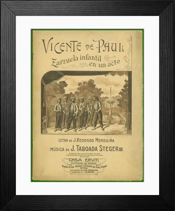 Framed Print : Partitura musical de la zarzuela infantil Vicente de Paul, de Joaquín Taboada Steger. Años 1920 Framed Print : Partitura musical de la zarzuela infantil Vicente de Paul, de Joaquín Taboada Steger. Años 1920