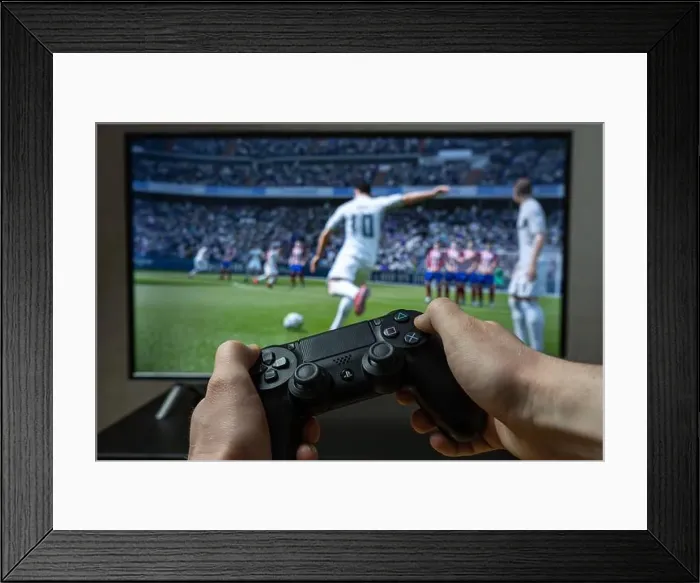 Framed Print : Point of view video gaming. Playing video game on Playstation. Fifa football video game Framed Print : Point of view video gaming. Playing video game on Playstation. Fifa football video game