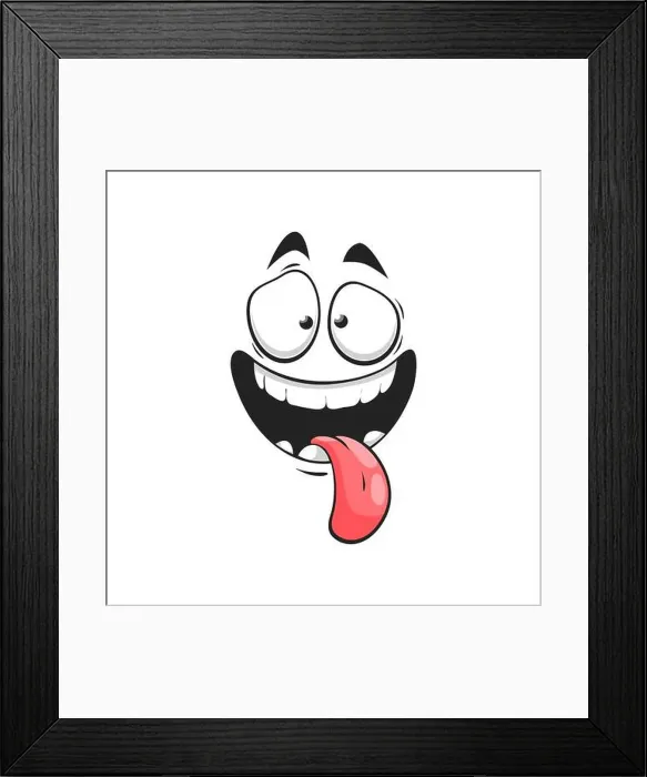 Framed Print : Cartoon stupid face, happy smile vector emoji with open mouth and long sticking tongue Framed Print : Cartoon stupid face, happy smile vector emoji with open mouth and long sticking tongue