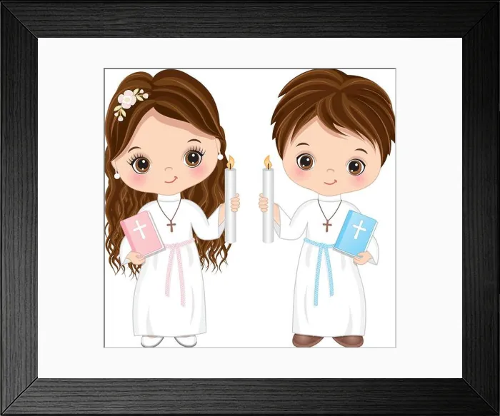 Framed Print : First Communion for Kids. Vector 1st Communion for Cute Little Girl and Boy Framed Print : First Communion for Kids. Vector 1st Communion for Cute Little Girl and Boy