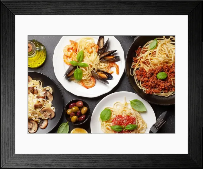 Framed Print : Various Italian pasta. Seafood, mushroom and tomato sauce pasta, spaghetti bolognese. Top view flat lay Framed Print : Various Italian pasta. Seafood, mushroom and tomato sauce pasta, spaghetti bolognese. Top view flat lay