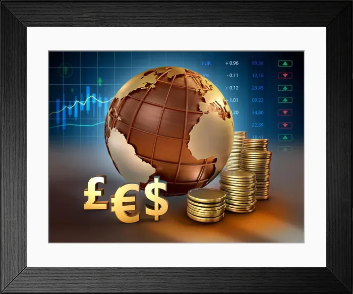 Framed Print : Currencies symbols and coins around an Earht globe. 3D illustration Framed Print : Currencies symbols and coins around an Earht globe. 3D illustration