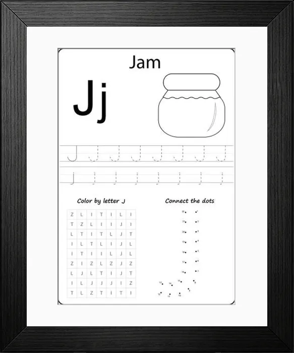 Framed Print : letter J. Alphabet letter. Worksheet. Task for kids. learning letters Framed Print : letter J. Alphabet letter. Worksheet. Task for kids. learning letters