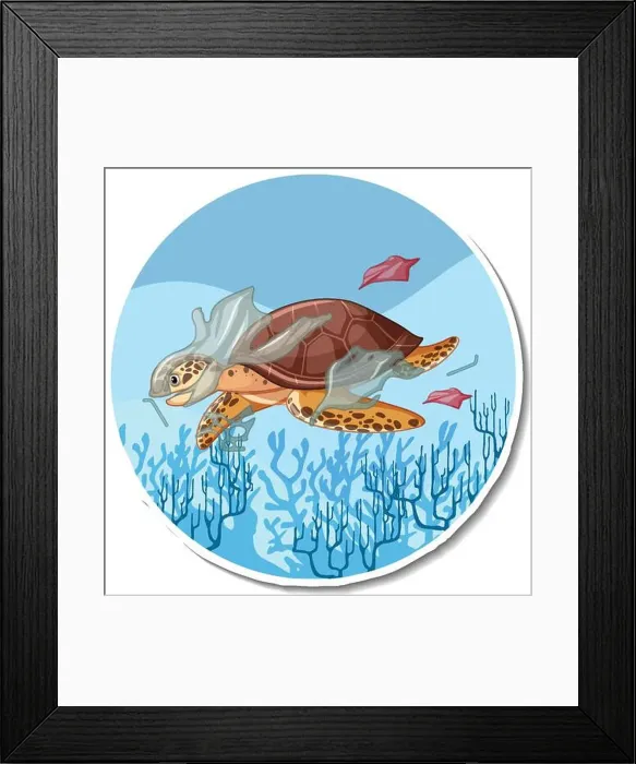 Framed Print : Turtle stuck with plastic trash cartoon sticker illustration Framed Print : Turtle stuck with plastic trash cartoon sticker illustration