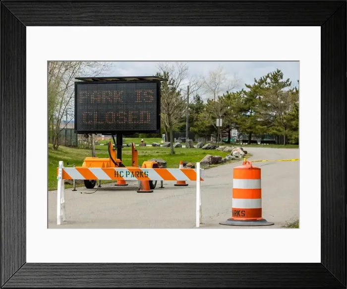 Framed Print : Traffic sign and barricade at the entrance of a Hudson County Park in Secaucus Framed Print : Traffic sign and barricade at the entrance of a Hudson County Park in Secaucus
