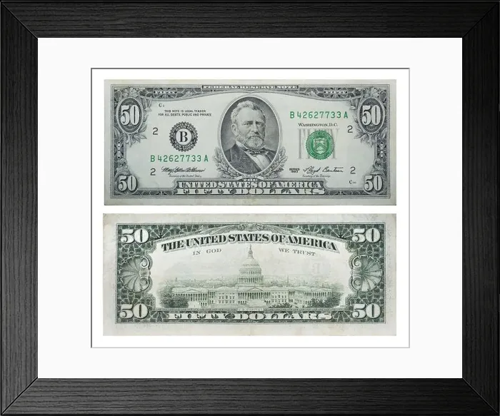 Framed Print : 50 American dollars of the old sample, 1993, front side and backside, Ukraine Framed Print : 50 American dollars of the old sample, 1993, front side and backside, Ukraine