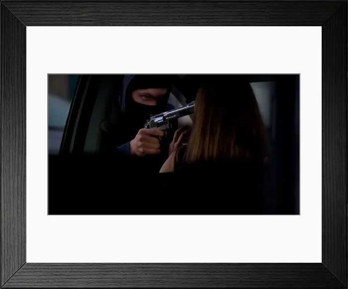 Framed Print : Cruel criminal stealing car, threatening female driver with pistol, carjacking Framed Print : Cruel criminal stealing car, threatening female driver with pistol, carjacking