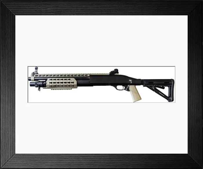 Framed Print : Modern pump action shotgun isolated on white background Framed Print : Modern pump action shotgun isolated on white background
