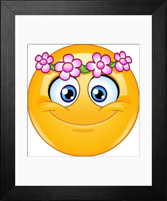 Framed Print : Happy emoji emoticon with flower head wreath Framed Print : Happy emoji emoticon with flower head wreath