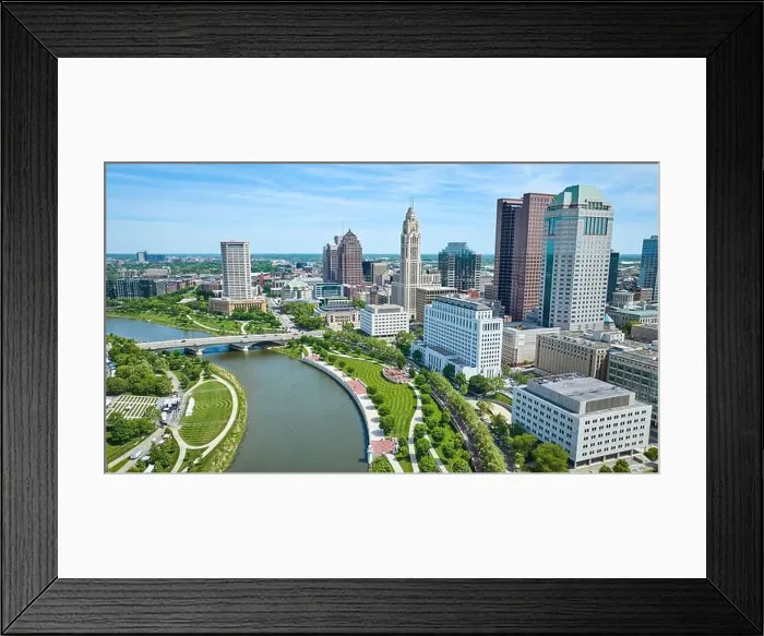 Framed Print : Vern Riffe State Office Tower and Huntington Center aerial of buildings and river Columbus Ohio Framed Print : Vern Riffe State Office Tower and Huntington Center aerial of buildings and river Columbus Ohio