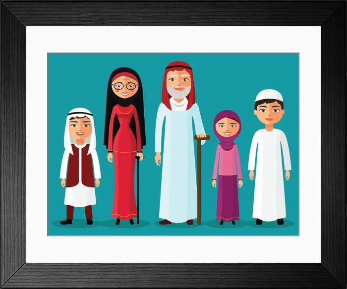 Framed Print : Arab Grandparents with grandchildren together in a flat style Framed Print : Arab Grandparents with grandchildren together in a flat style