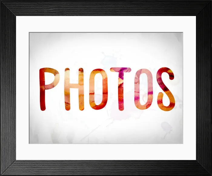 Framed Print : The word Photos written in watercolor washes over a white paper background concept and theme Framed Print : The word Photos written in watercolor washes over a white paper background concept and theme