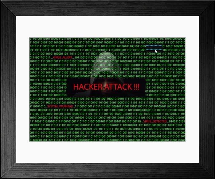 Framed Print : Hacker over a screen with binary code and warning messages Framed Print : Hacker over a screen with binary code and warning messages