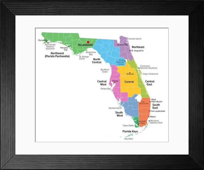 Framed Print : Regions of U.S. state Florida, multi colored map showing travel regions