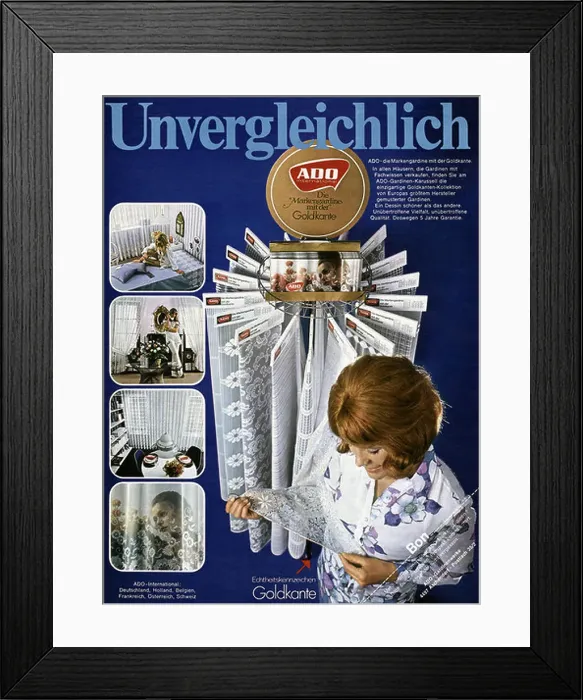 Framed Print : advertising, textile, ADO net curtain with golden edge, advertisement, 1970 Framed Print : advertising, textile, ADO net curtain with golden edge, advertisement, 1970