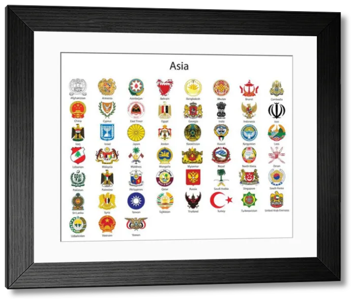 Framed Print : Set Coat of arms of the countries of Asia, All Asian regions emblem collection Framed Print : Set Coat of arms of the countries of Asia, All Asian regions emblem collection