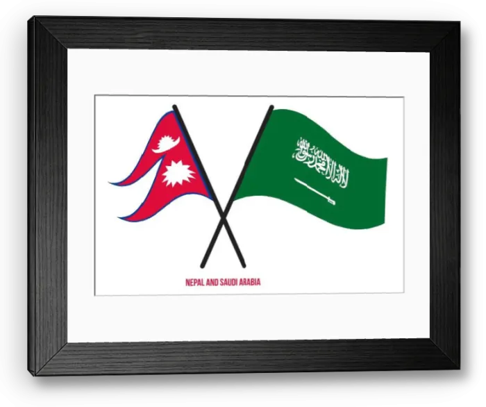 Framed Print : Nepal and Saudi Arabia Flags Crossed And Waving Flat Style. Official Proportion. Correct Colors Framed Print : Nepal and Saudi Arabia Flags Crossed And Waving Flat Style. Official Proportion. Correct Colors