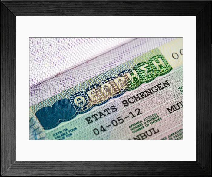 Framed Print : close up view of greece schengen visa on a passport Framed Print : close up view of greece schengen visa on a passport