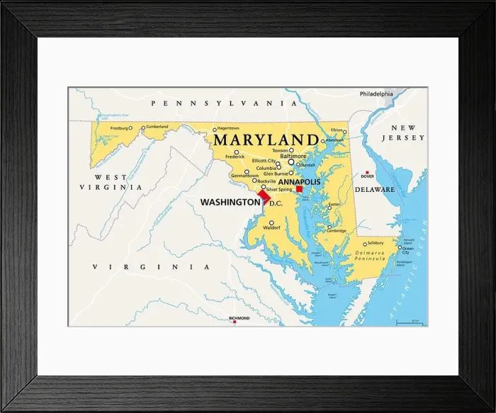 Framed Print : Maryland, MD, political map. State in the Mid-Atlantic region of the United States of America Framed Print : Maryland, MD, political map. State in the Mid-Atlantic region of the United States of America