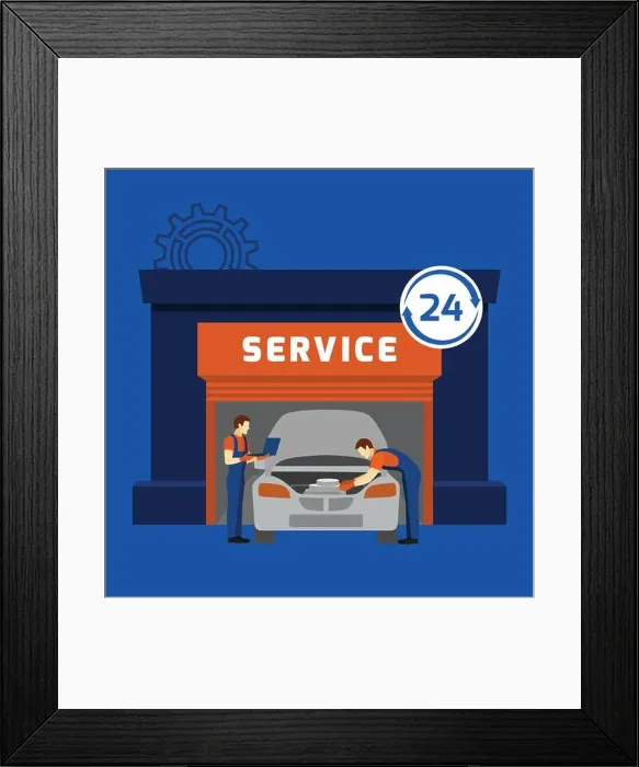 Framed Print : Auto mechanic service center flat banner Framed Print : Auto mechanic service center flat banner