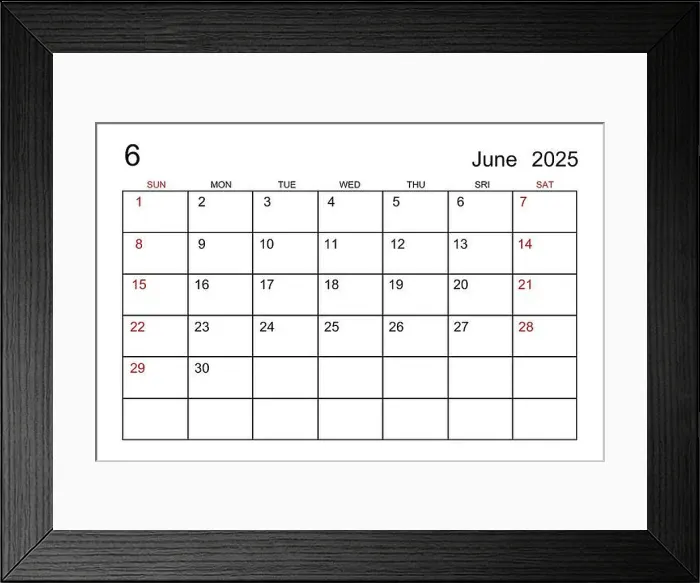 Framed Print : June 2025 calendar template on white paper background Framed Print : June 2025 calendar template on white paper background